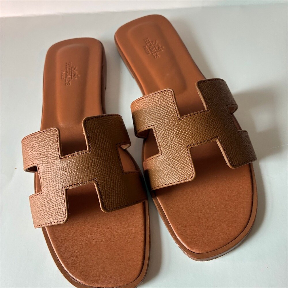Women's Brown Leather Slide Sandals